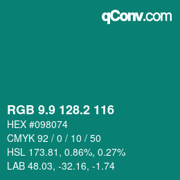 カラーコード: RGB 9.9 128.2 116 | qconv.com