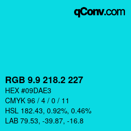 カラーコード: RGB 9.9 218.2 227 | qconv.com