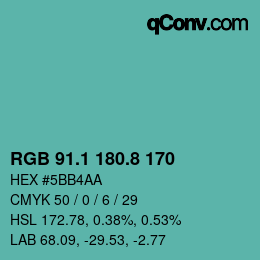 カラーコード: RGB 91.1 180.8 170 | qconv.com