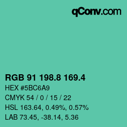 カラーコード: RGB 91 198.8 169.4 | qconv.com