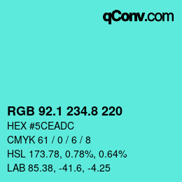 カラーコード: RGB 92.1 234.8 220 | qconv.com