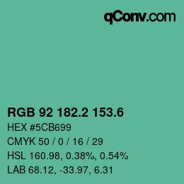 カラーコード: RGB 92 182.2 153.6 | qconv.com