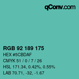 颜色代码: RGB 92 189 175 | qconv.com