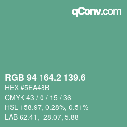 カラーコード: RGB 94 164.2 139.6 | qconv.com