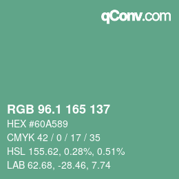 カラーコード: RGB 96.1 165 137 | qconv.com