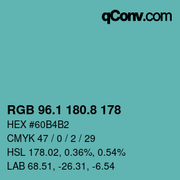 Color code: RGB 96.1 180.8 178 | qconv.com