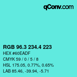 カラーコード: RGB 96.3 234.4 223 | qconv.com