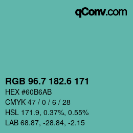 カラーコード: RGB 96.7 182.6 171 | qconv.com