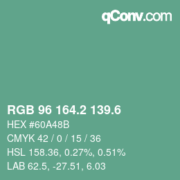 カラーコード: RGB 96 164.2 139.6 | qconv.com