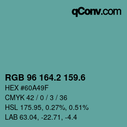 カラーコード: RGB 96 164.2 159.6 | qconv.com