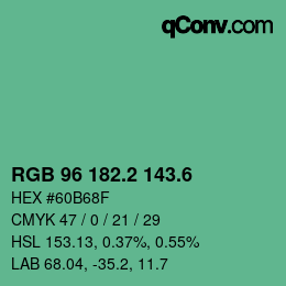 カラーコード: RGB 96 182.2 143.6 | qconv.com