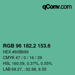 カラーコード: RGB 96 182.2 153.6 | qconv.com