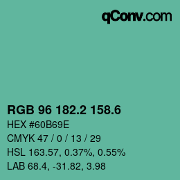 カラーコード: RGB 96 182.2 158.6 | qconv.com