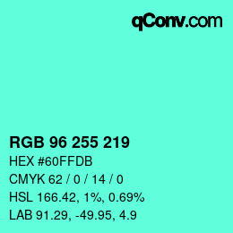 Color code: RGB 96 255 219 | qconv.com