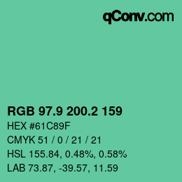 カラーコード: RGB 97.9 200.2 159 | qconv.com