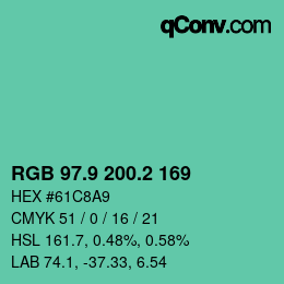 カラーコード: RGB 97.9 200.2 169 | qconv.com