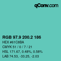 カラーコード: RGB 97.9 200.2 186 | qconv.com