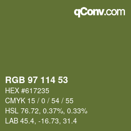 カラーコード: RGB 97 114 53 | qconv.com