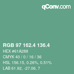 カラーコード: RGB 97 162.4 136.4 | qconv.com