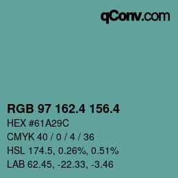 カラーコード: RGB 97 162.4 156.4 | qconv.com