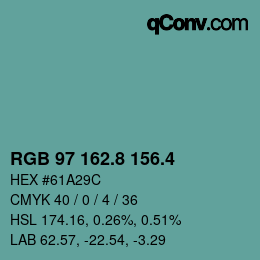 カラーコード: RGB 97 162.8 156.4 | qconv.com