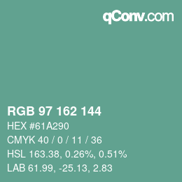 カラーコード: RGB 97 162 144 | qconv.com