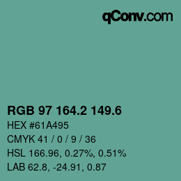 カラーコード: RGB 97 164.2 149.6 | qconv.com