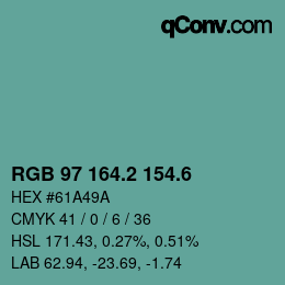 カラーコード: RGB 97 164.2 154.6 | qconv.com
