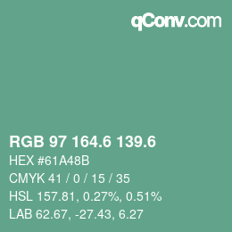 カラーコード: RGB 97 164.6 139.6 | qconv.com