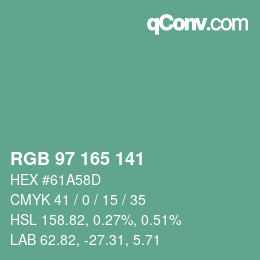 カラーコード: RGB 97 165 141 | qconv.com