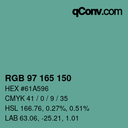 カラーコード: RGB 97 165 150 | qconv.com