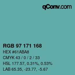 カラーコード: RGB 97 171 168 | qconv.com