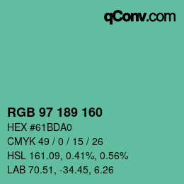 カラーコード: RGB 97 189 160 | qconv.com
