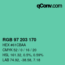 カラーコード: RGB 97 203 170 | qconv.com