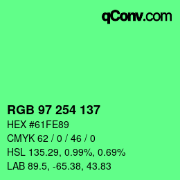 カラーコード: RGB 97 254 137 | qconv.com