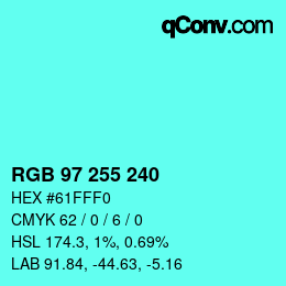 颜色代码: RGB 97 255 240 | qconv.com