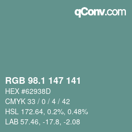 カラーコード: RGB 98.1 147 141 | qconv.com