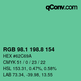 カラーコード: RGB 98.1 198.8 154 | qconv.com