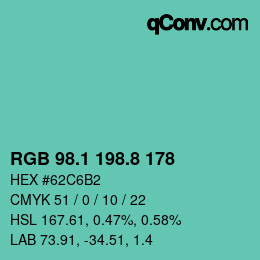Color code: RGB 98.1 198.8 178 | qconv.com