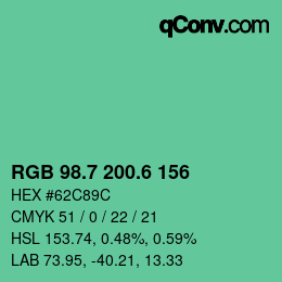 カラーコード: RGB 98.7 200.6 156 | qconv.com