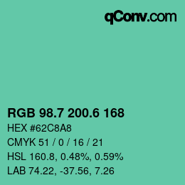 カラーコード: RGB 98.7 200.6 168 | qconv.com