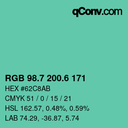 カラーコード: RGB 98.7 200.6 171 | qconv.com