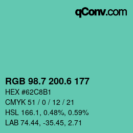 カラーコード: RGB 98.7 200.6 177 | qconv.com