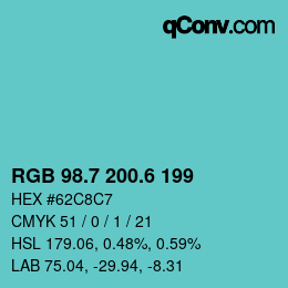カラーコード: RGB 98.7 200.6 199 | qconv.com