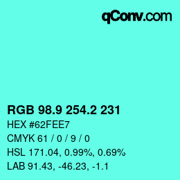 カラーコード: RGB 98.9 254.2 231 | qconv.com