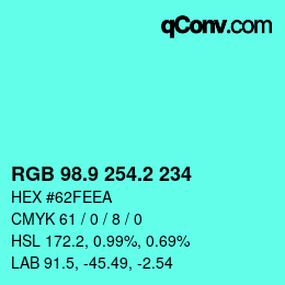 カラーコード: RGB 98.9 254.2 234 | qconv.com