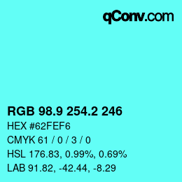 カラーコード: RGB 98.9 254.2 246 | qconv.com