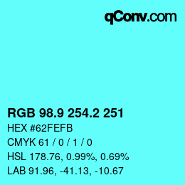 カラーコード: RGB 98.9 254.2 251 | qconv.com