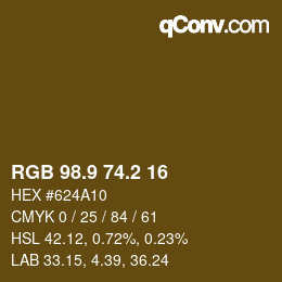 Color code: RGB 98.9 74.2 16 | qconv.com