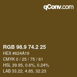 Color code: RGB 98.9 74.2 25 | qconv.com
